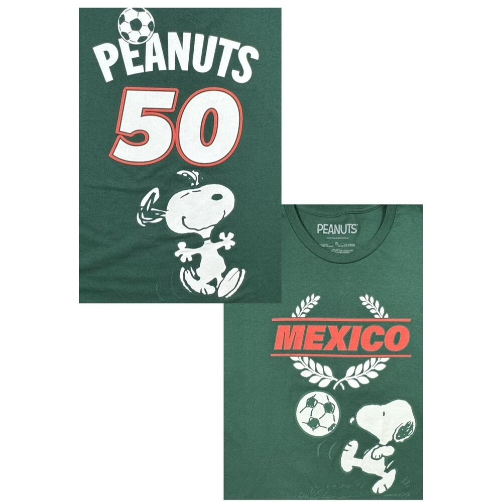 Mexico Soccer X-Large Jersey Style T-Shirt Double Sided Peanuts Snoopy Green New
